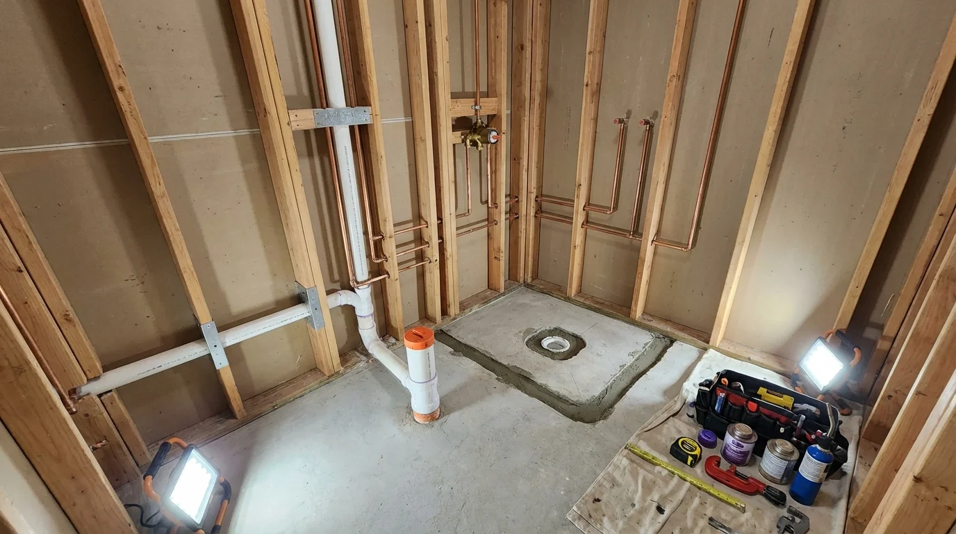 Bathroom rough-in plumbing during remodel by Johns Plumbing LLC in Donora